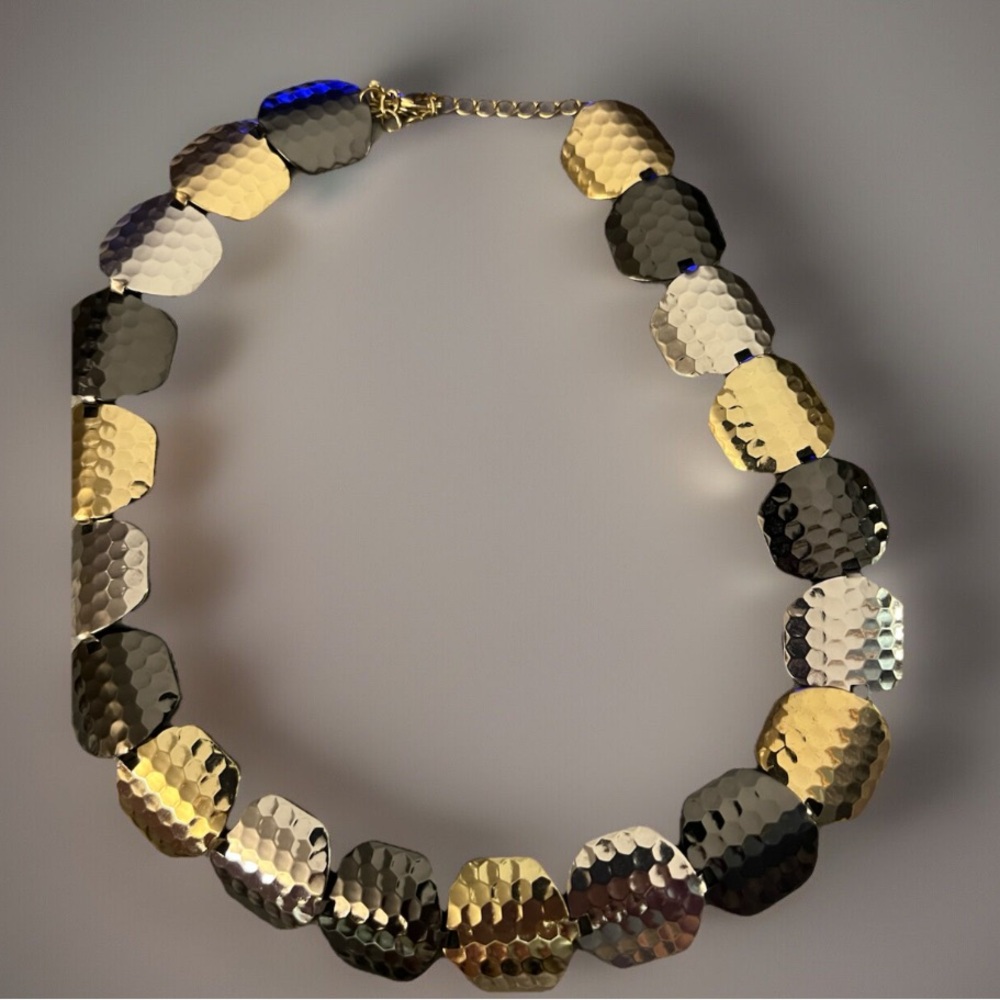Vtg Hammered Multi Tone Statement Necklace Square Link Choker Chunky 21-23”